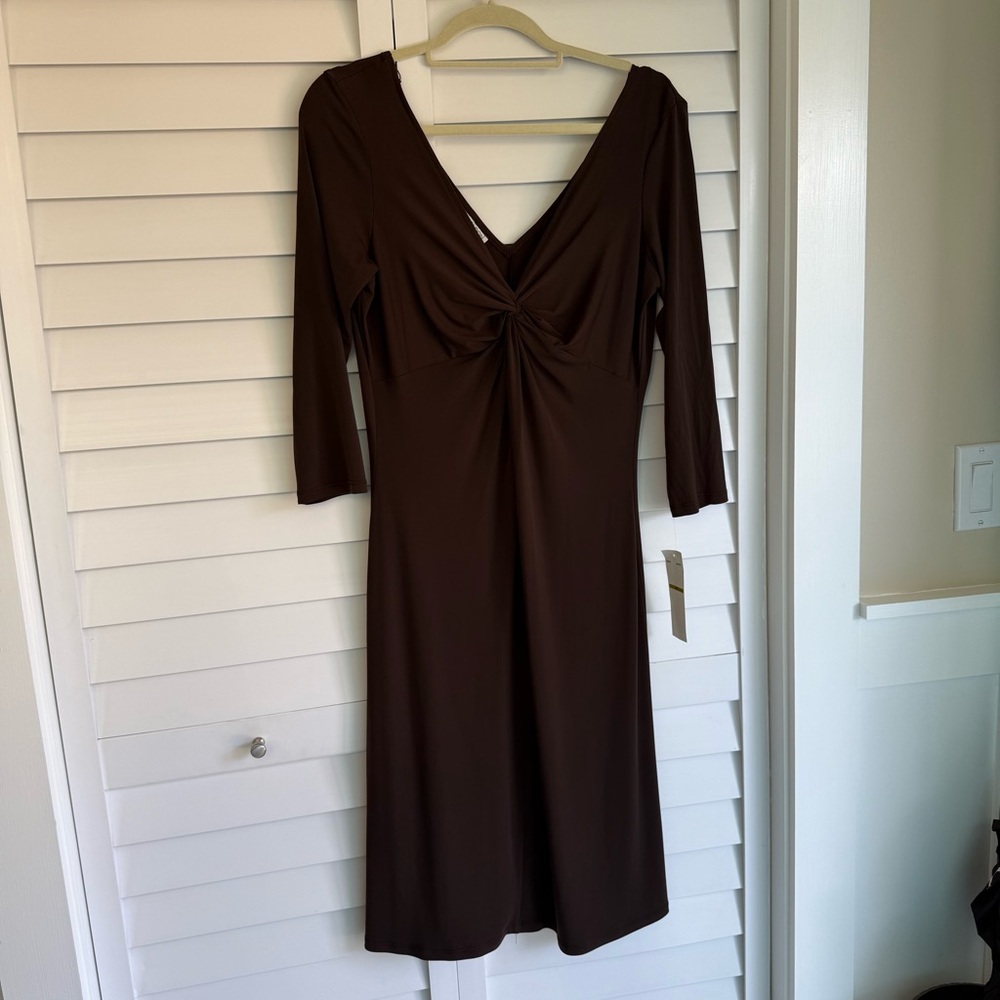 Maggy London Size 14 Brown Twist-Front Midi Dress ¾ Sleeves NWT